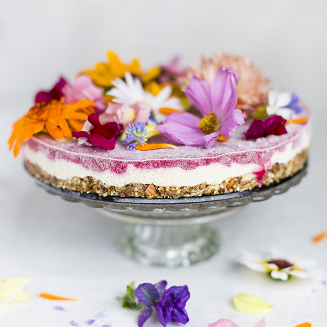 Edible flower recipes include cakes like this one