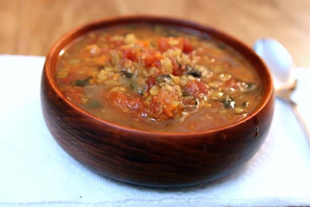 Healthy slow cooker soup with red lentil and Swiss chard by Salt and Paprika