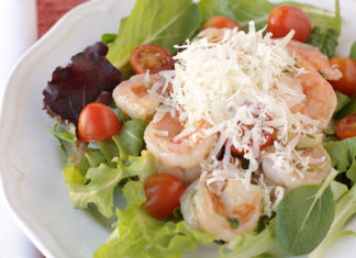 shrimp salad with cherry tomatoes and parmesan cheese featured photo