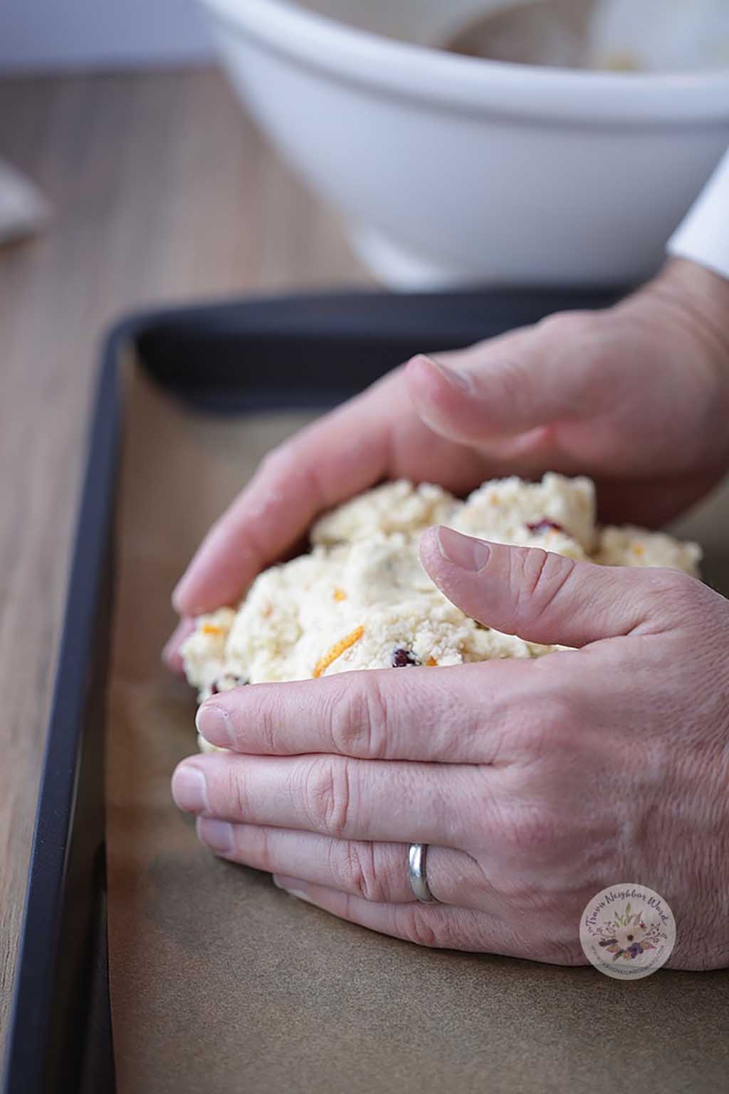 Brian forming the cranberry scones dough ball.